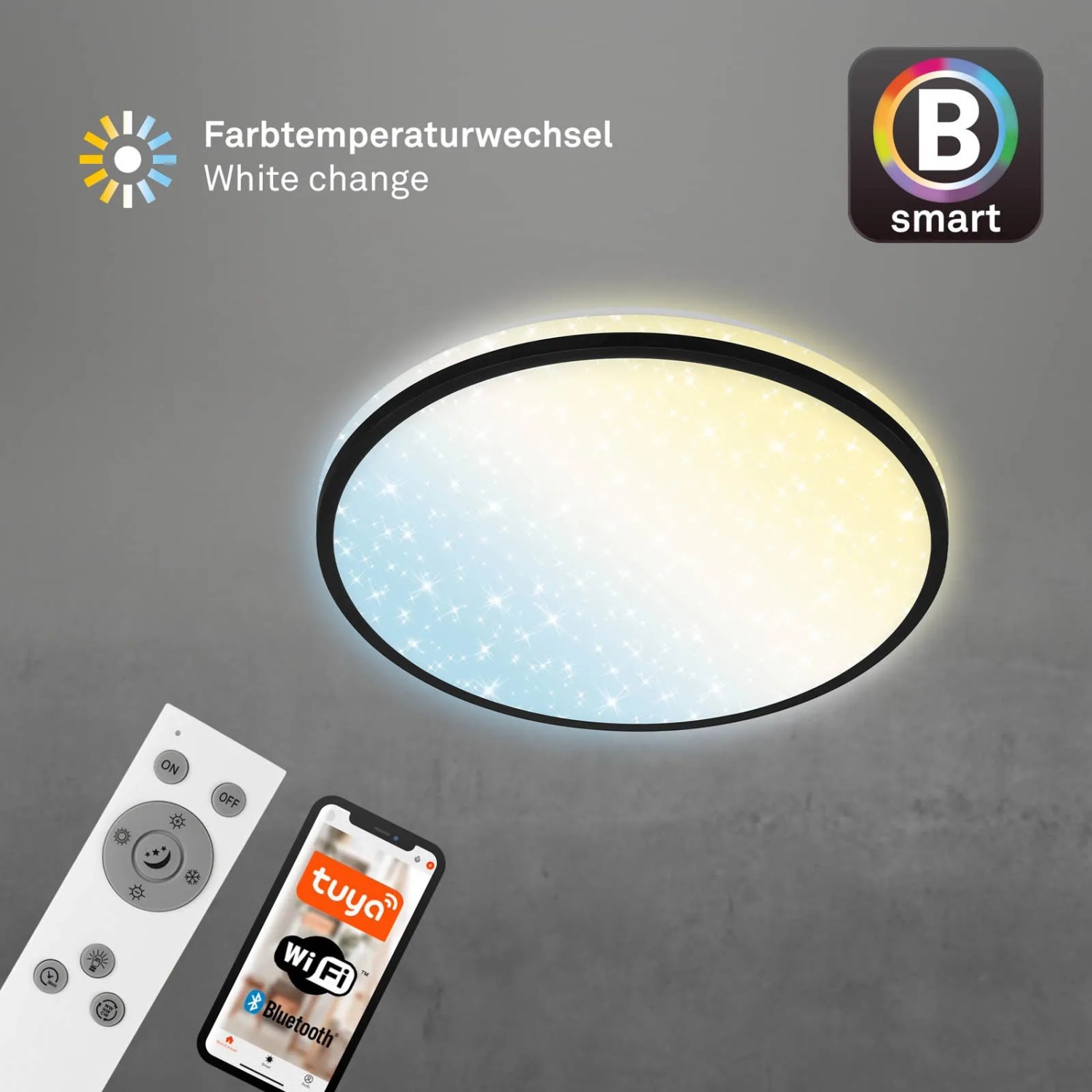 Dimmbare Brilo LED-Deckenleuchte Ivy Sky S, schwarz, mit Fernbedienung und Smartphone Steuerung.