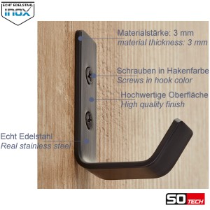 Schwarzer SOTECH Garderobenhaken LOXTEN aus Edelstahl, an Holz montiert. Inkl. passender Schrauben. 60x20x45mm.