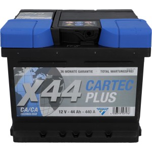 Cartec Starterbatterie Plus 44 Ah, 12V Autobatterie mit blauen Kappen.