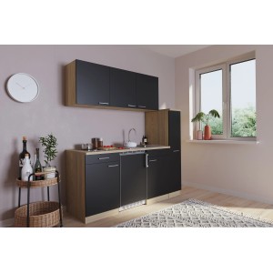 Respekta Miniküche KB180ESSC, 180 cm, Schwarz. Kompakte Einbauküche mit Glaskeramikkochfeld und Kühlschrank.
