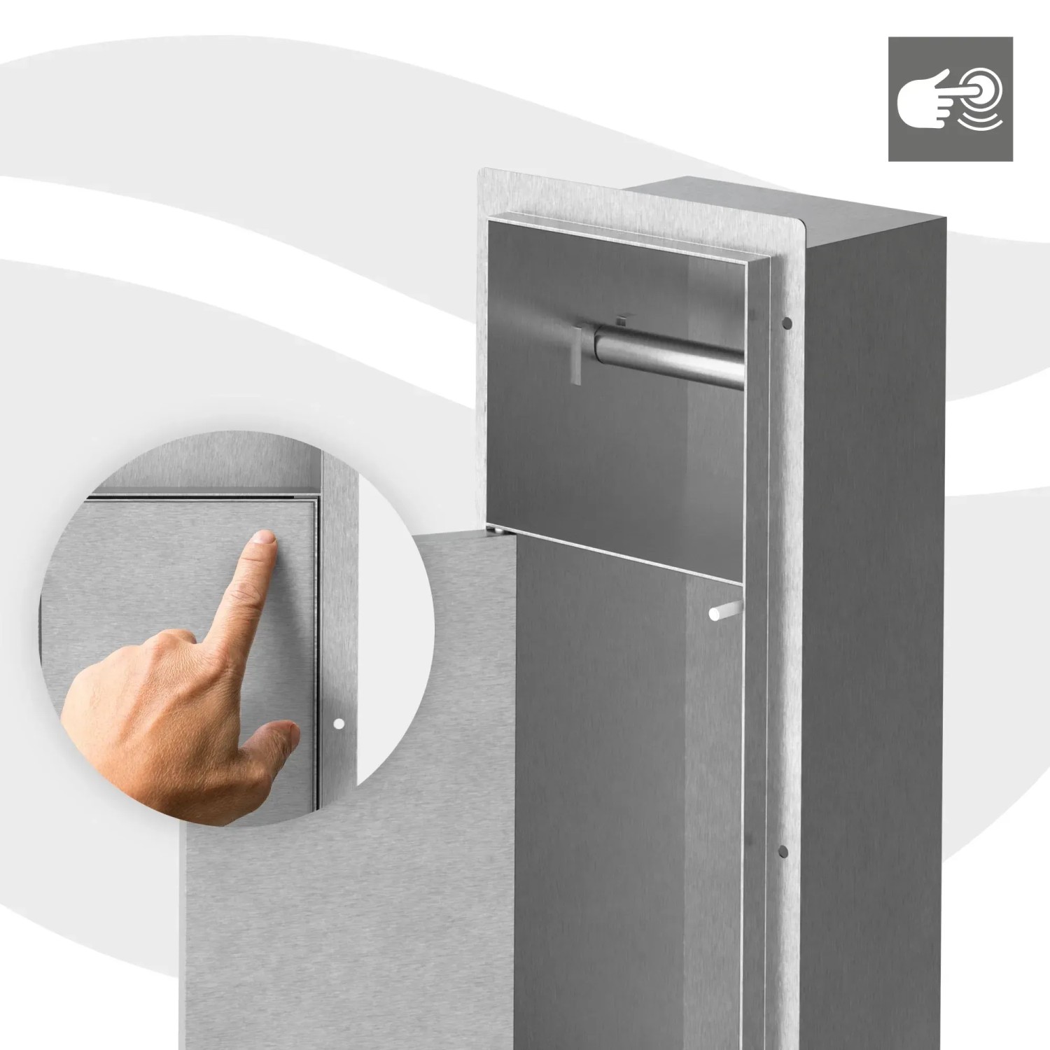 LuxeBath Unterputz WC-Schrankmodul aus Edelstahl, silber, mit Push-to-open Funktion.