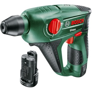 Bosch Uneo 12V Bohrhammer mit 2 Akkus, grün, für Beton, Stein und Holz.