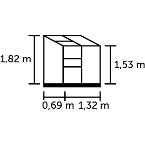 Skizze des Halls Gewächshaus Altan 2 Alu (0,91 m²) mit Maßangaben.