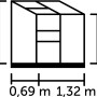 Skizze des Halls Gewächshaus Altan 2 Alu (0,91 m²) mit Maßangaben.