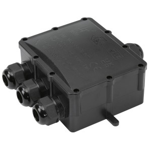 Schwarze S-Impuls Abzweigdose IP68 für den Außenbereich mit drei Kabelverschraubungen.