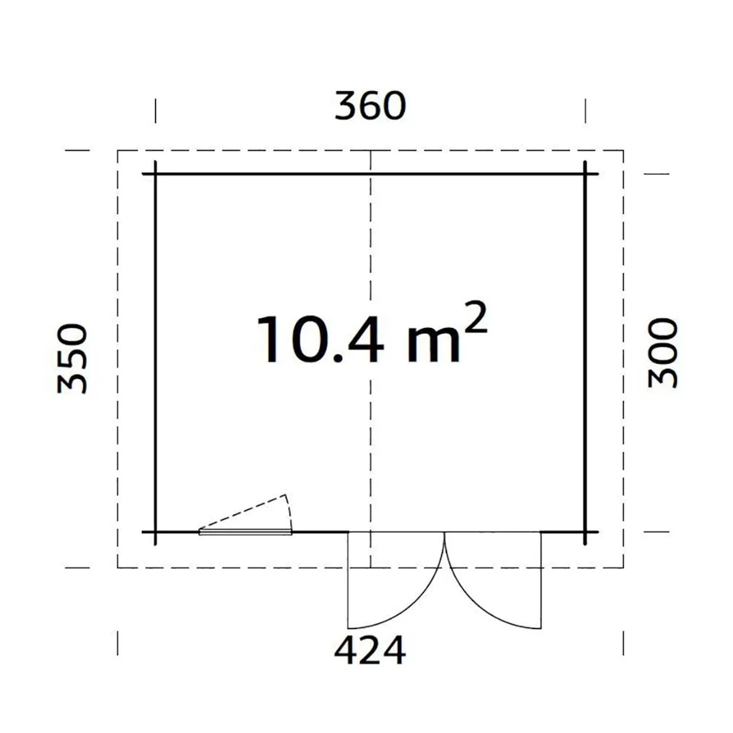 Grundriss Palmako Gartenhaus Klara, 360x300 cm, grau-weiß, 10,4 m² Fläche. Holz-Gartenhaus mit Tür und Fenster.