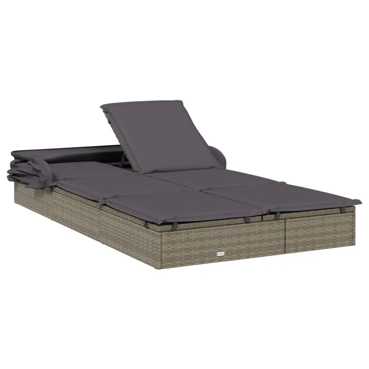 Graue 2-Personen-Sonnenliege mit Dach aus Polyrattan, verstellbar für optimalen Komfort.