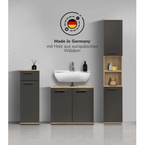 mokebo Badmöbel Set „Der Steuermann“ in Eiche-Schwarz, 3-teilig mit Waschbecken und Badschränken.