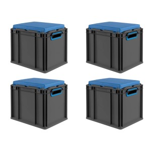 PROREGAL Sparset 4x Eurobox Nextgen Seat Box Blau HxBxT 36,5x30x40cm 30 Liter Griffe Offen Schwarz