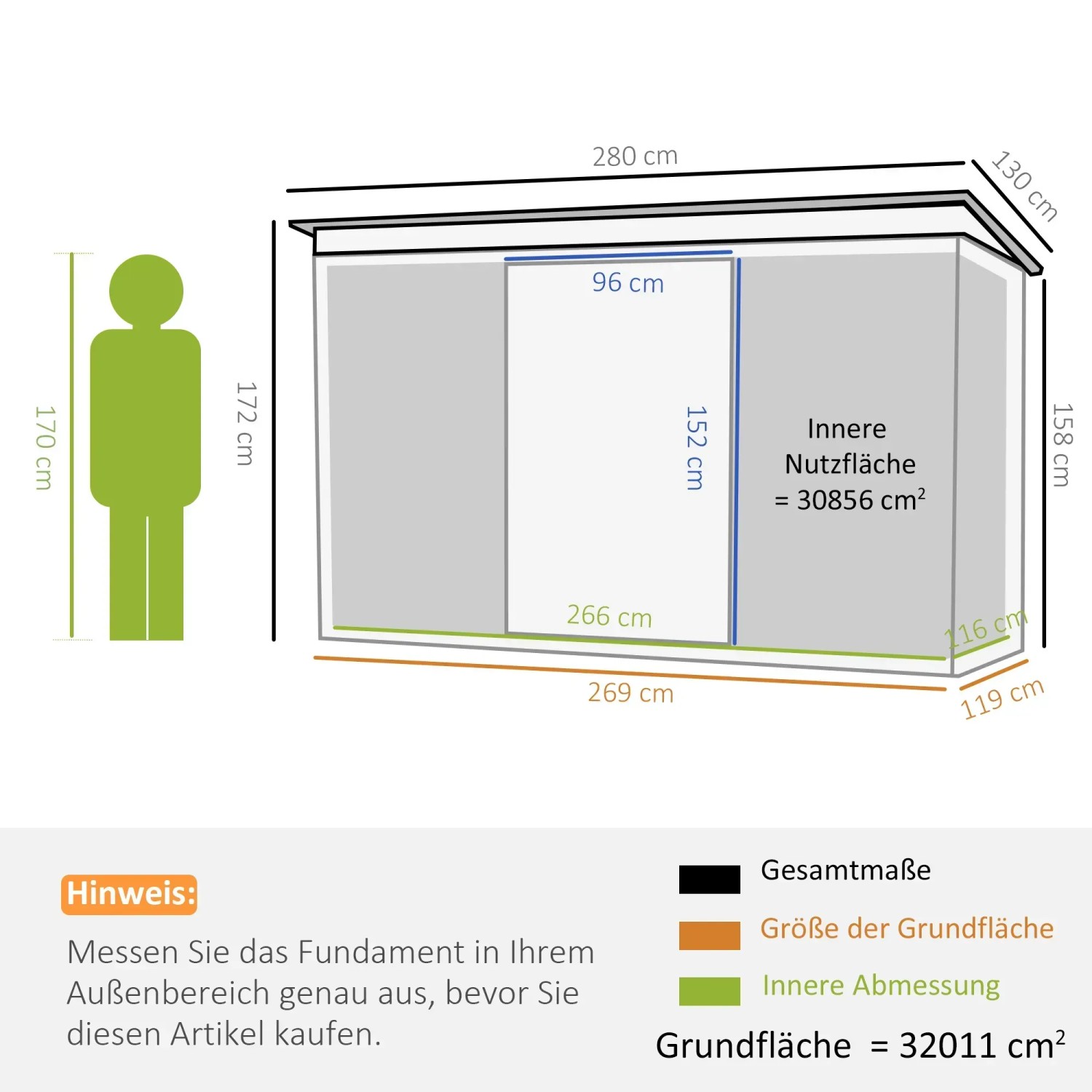 Skizze: Outsunny Gerätehaus mit Schiebetür, Maße 280x130x172cm, zur Planung im Garten.