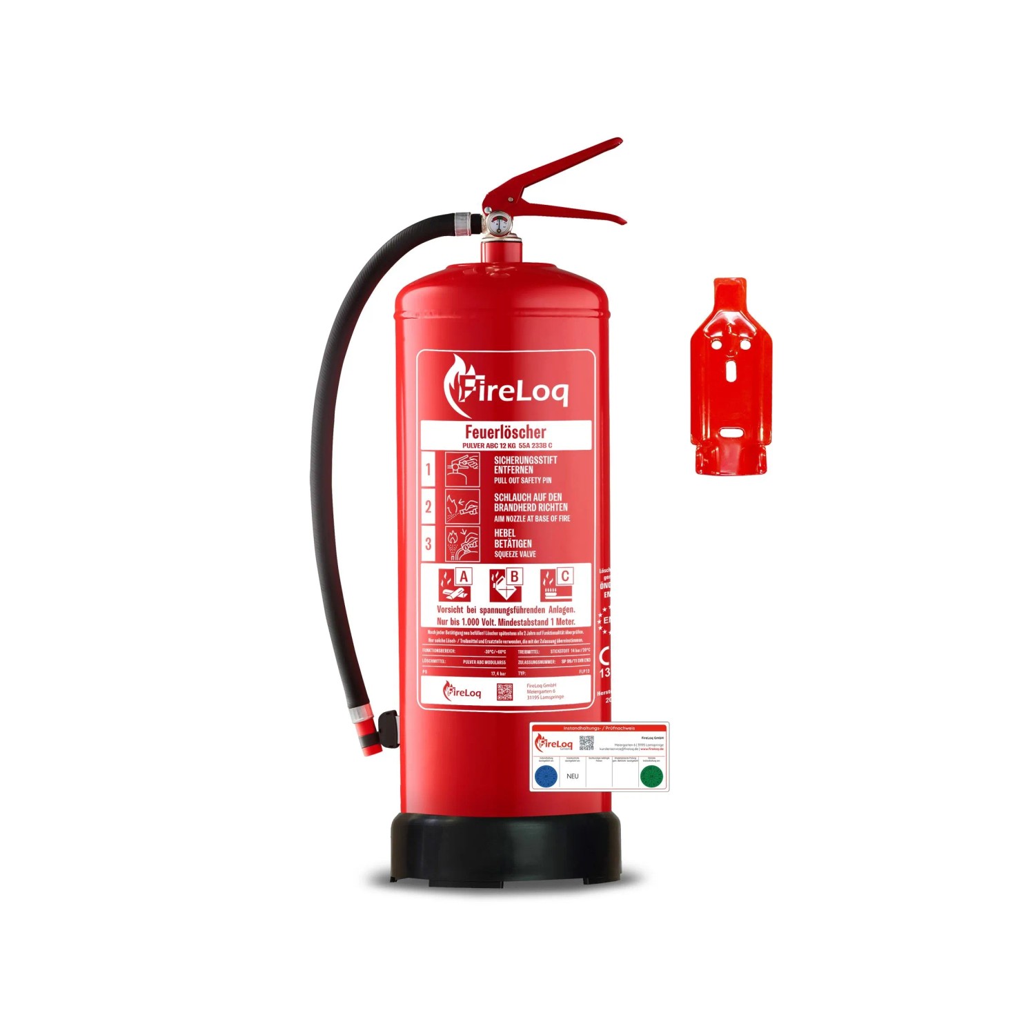 FireLoq 12kg Pulver Löscher 55A 233B C Prüfnachweis Wandhalter Manometer