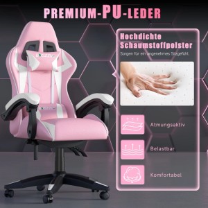 Rattantree Gaming Stuhl mit Hoher Rückenlehne PU Leder Kopf und Lendenstütze Verstellbar Pink