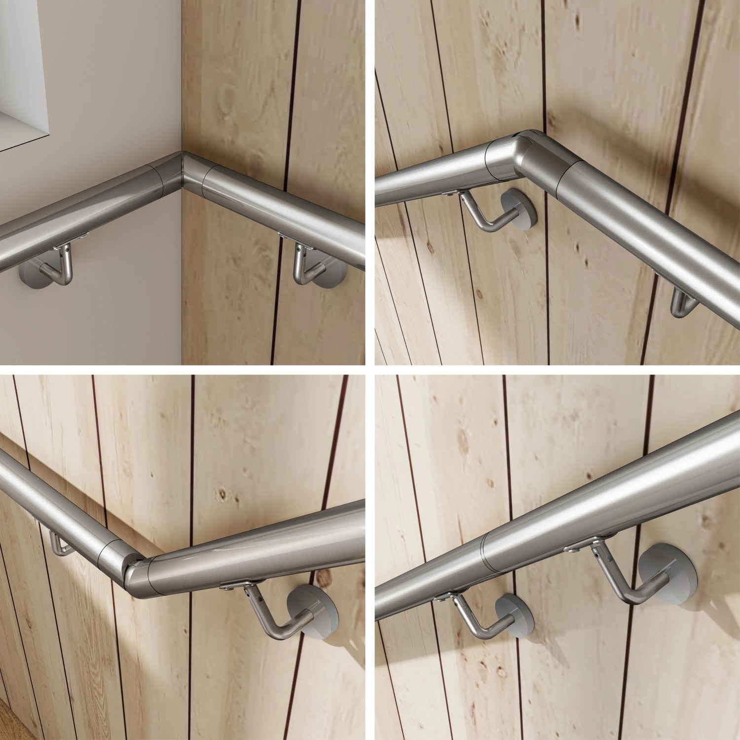 Gebürsteter Edelstahl 304 Handlauf mit Halterungen an Holzwand. Zeigt flexible Montage für Ecken und gerade Abschnitte.