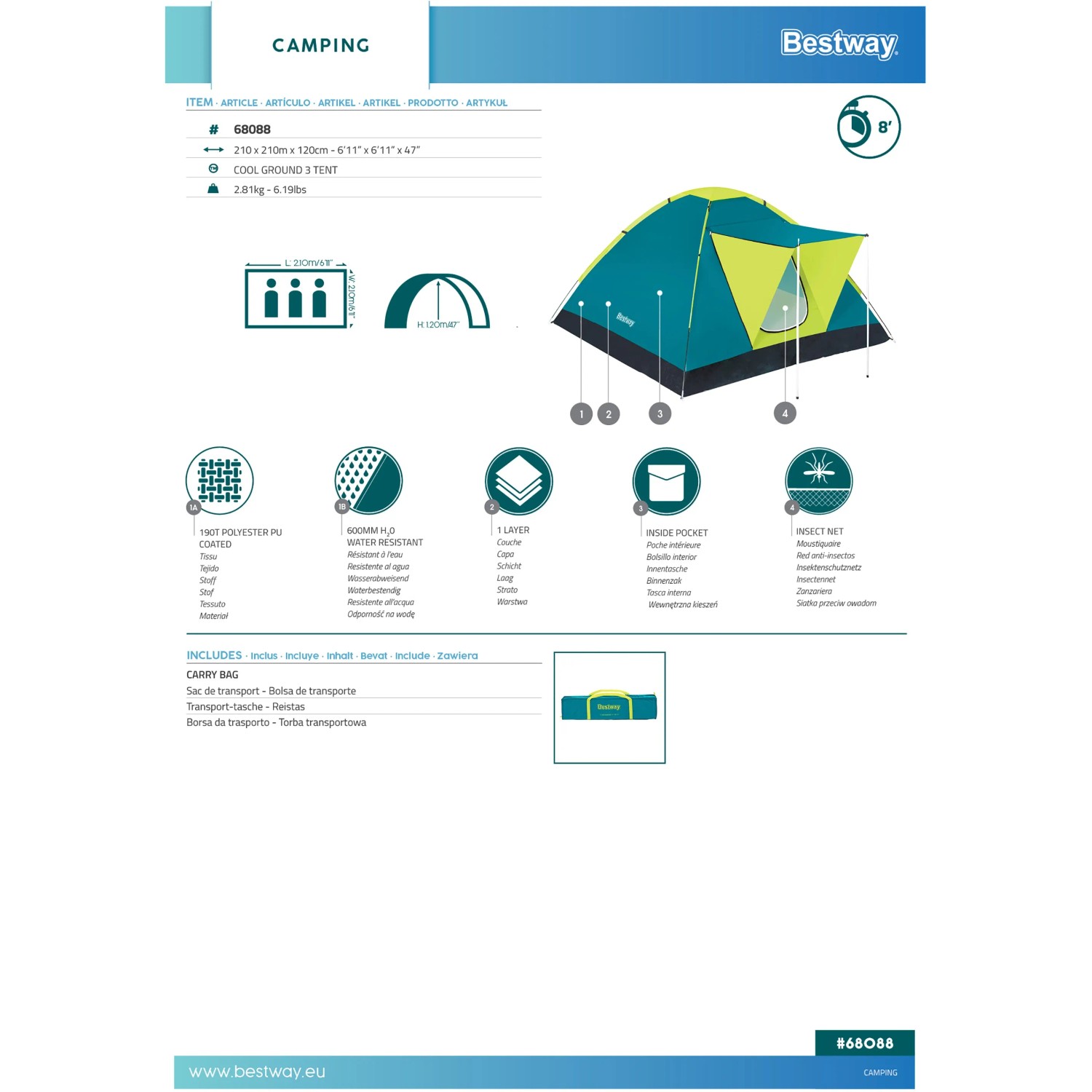 Bestway Cool Ground 3 Zelt für 3 Personen, blau/gelb, ideal für Campingausflüge.