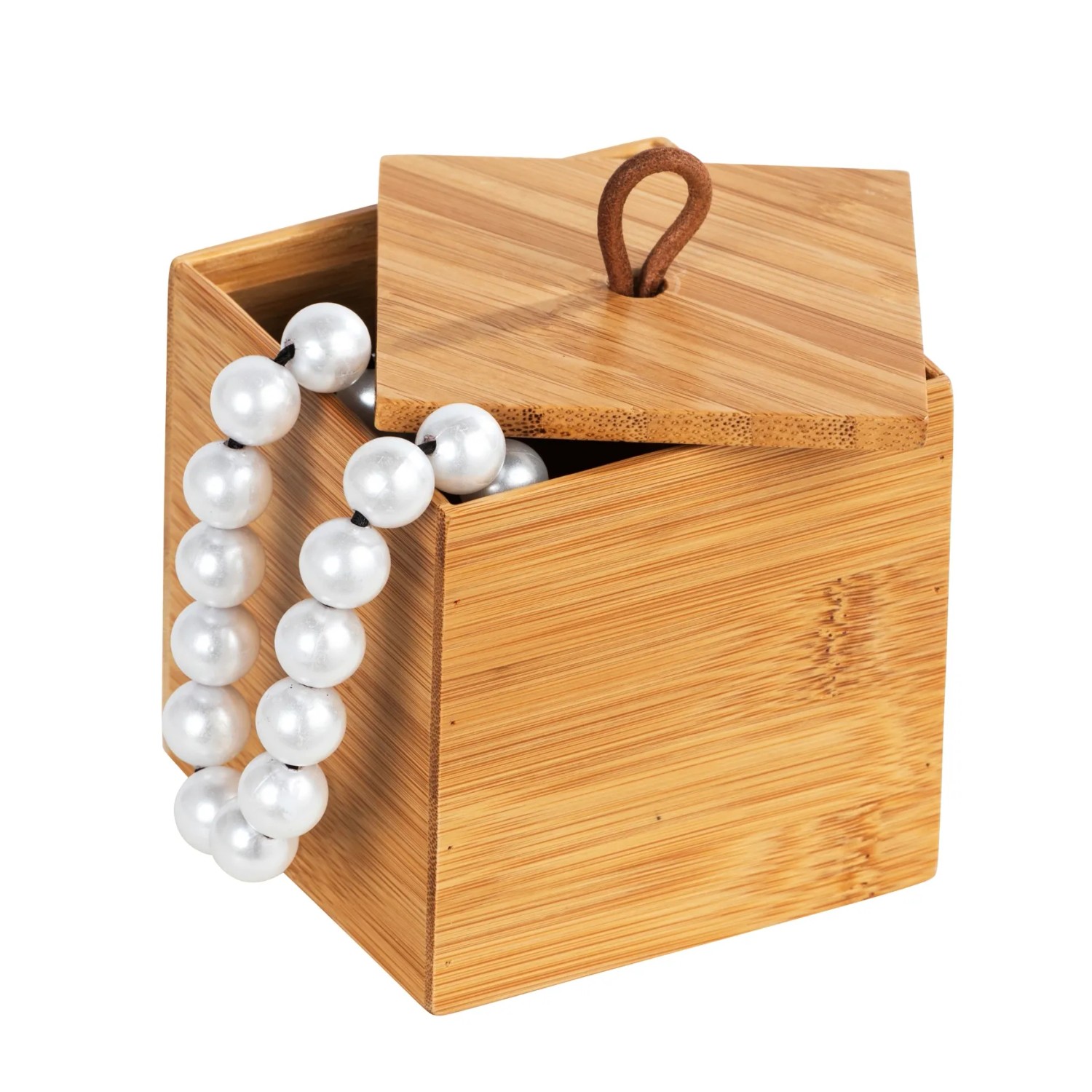 Quadratische Bambusbox Terra S von Wenko mit Deckel und Schmuck.