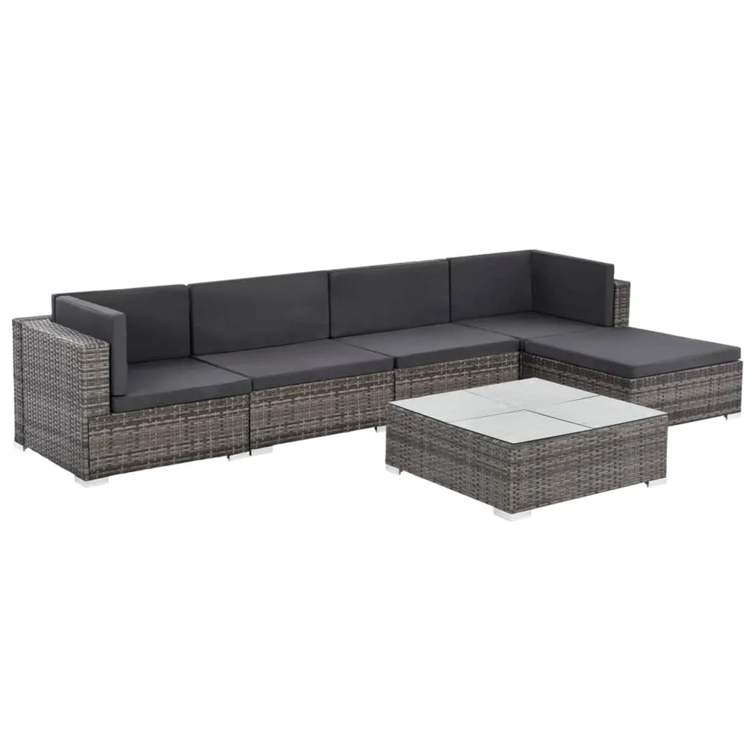 Graues 6-tlg. Garten Lounge Set aus Rattan mit Auflagen und Tisch.