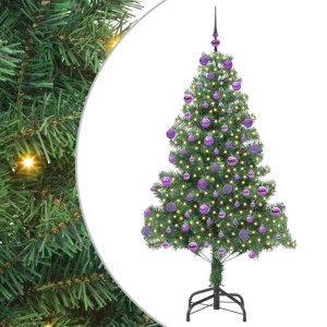 Grüner künstlicher Weihnachtsbaum, 180 cm, aus PVC, mit 300 warmweißen LEDs, lila Kugeln und schwarzem Ständer.