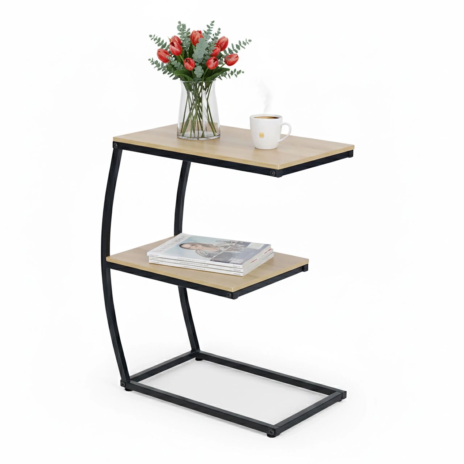Relaxdays Beistelltisch in C-Form MDF Eisen Schwarz mit 2 Ablagen 58,5 cm x 47,5 cm x 25 cm 2,4 kg
