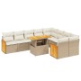 Beige 10-tlg. Garten-Sofagarnitur aus Poly Rattan mit Tisch und cremeweißen Kissen.