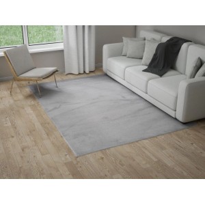Weicher, silberfarbener Vercai Rugs Easy Shag Hochflor-Teppich (120x160 cm) im Wohnzimmer vor Sofa.
