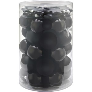 Weihnachtsschmuck-Set: Schwarze, matte Kugeln und Sterne aus Kunststoff im transparenten Behälter.