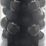 Weihnachtsschmuck-Set: Schwarze, matte Kugeln und Sterne aus Kunststoff im transparenten Behälter.