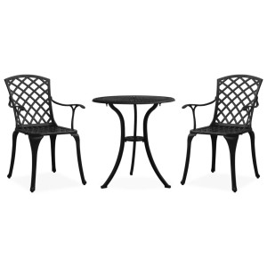 Schwarzes vidaXL Bistro-Set aus Aluminiumguss, 3-teilig, für Garten oder Terrasse.