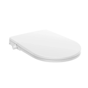 Weißer WC-Sitz mit Bidet-Funktion, Absenkautomatik und stromlosem Dusch-WC-Aufsatz. Für U-förmige Toiletten.