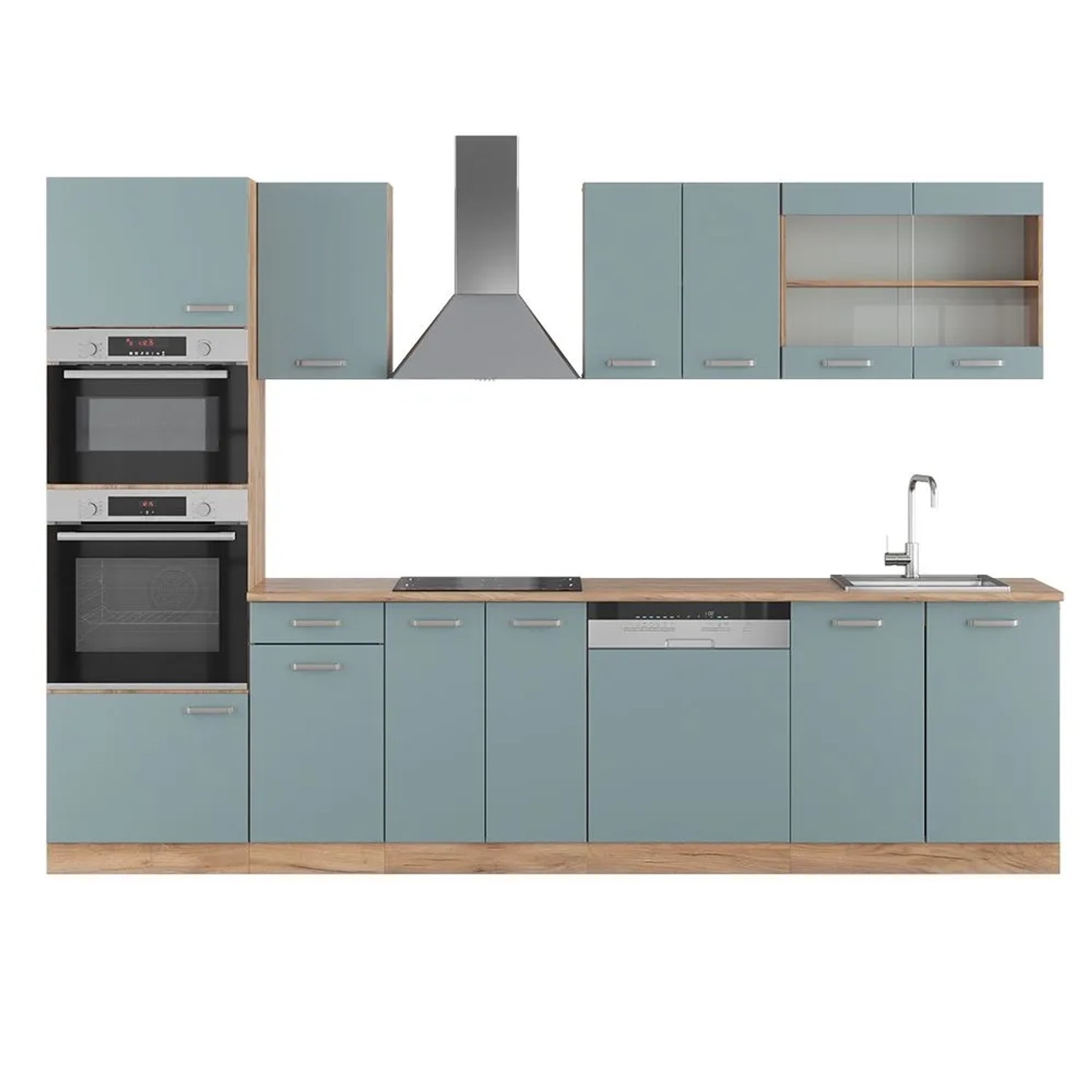 Vicco R-Line Küchenzeile Blau-Grau Goldkraft Eiche 300 cm mit HochschrankAP Eiche ohne E-Geräte