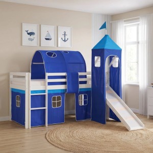 Homestyle4u Hochbett 90x200 weiß/blau mit Rutsche, Tunnel, Turm und Vorhang für Kinder.
