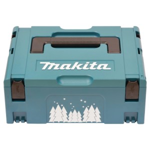 Makita Adventskalender 2026: teal MAKPAC Koffer mit weißem Weihnachtsbaum-Design und Makita Logo.