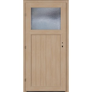 Helle Fichtenholz Nebeneingangstür DIN L mit Ornament 504 ISO-Verglasung und vertikalen Holzpaneelen.