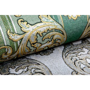 Barock Tapete in Grün und Gold mit Metallic-Effekt und Textiloptik.