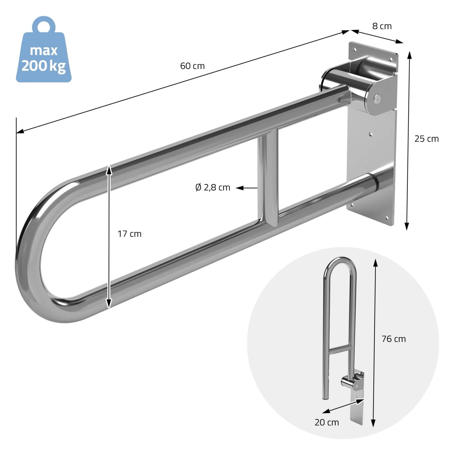 Klappbarer WC Haltegriff aus glänzendem Edelstahl, 60 cm, bis 200 kg belastbar. Badaccessoire mit Maßen und hochgeklappt.