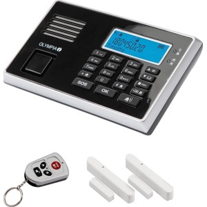 Olympia Alarmanlage Protect 9030 Set mit Basiseinheit, Fernbedienung und Tür-/Fensterkontakten.