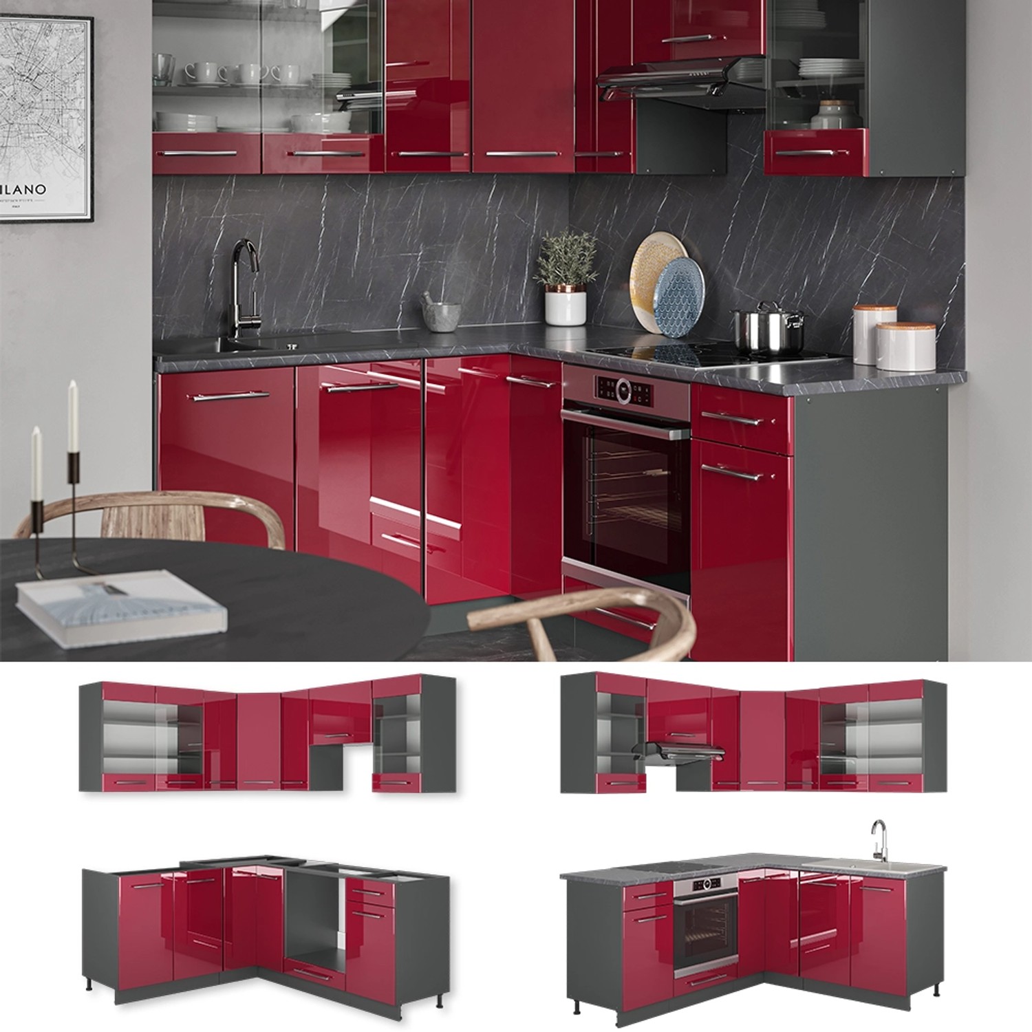 Vicco Fame-Line Küchenschränke in Bordeaux Hochglanz/Anthrazit, 160 cm breit, ohne Arbeitsplatte.