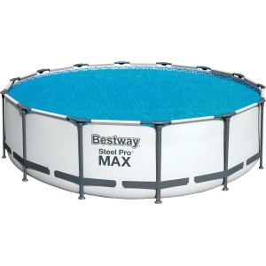 Bestway Solar Poolabdeckung, blau, Ø 417 cm, auf einem Pool. Solarplane zur Poolwasser Erwärmung.