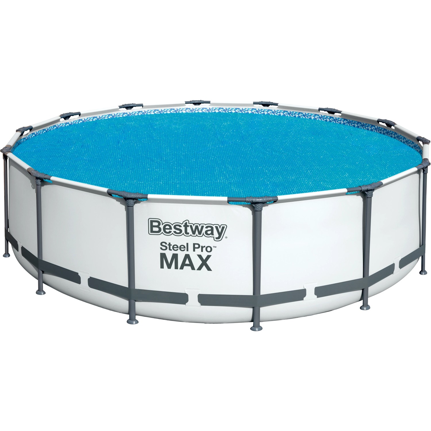 Bestway Solar Poolabdeckung, blau, Ø 417 cm, auf einem Pool. Solarplane zur Poolwasser Erwärmung.