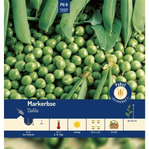 Pabst Keimkraft Markerbse Dalila Saatgut: Grüne Erbsen und Hülsen auf der Packung.
