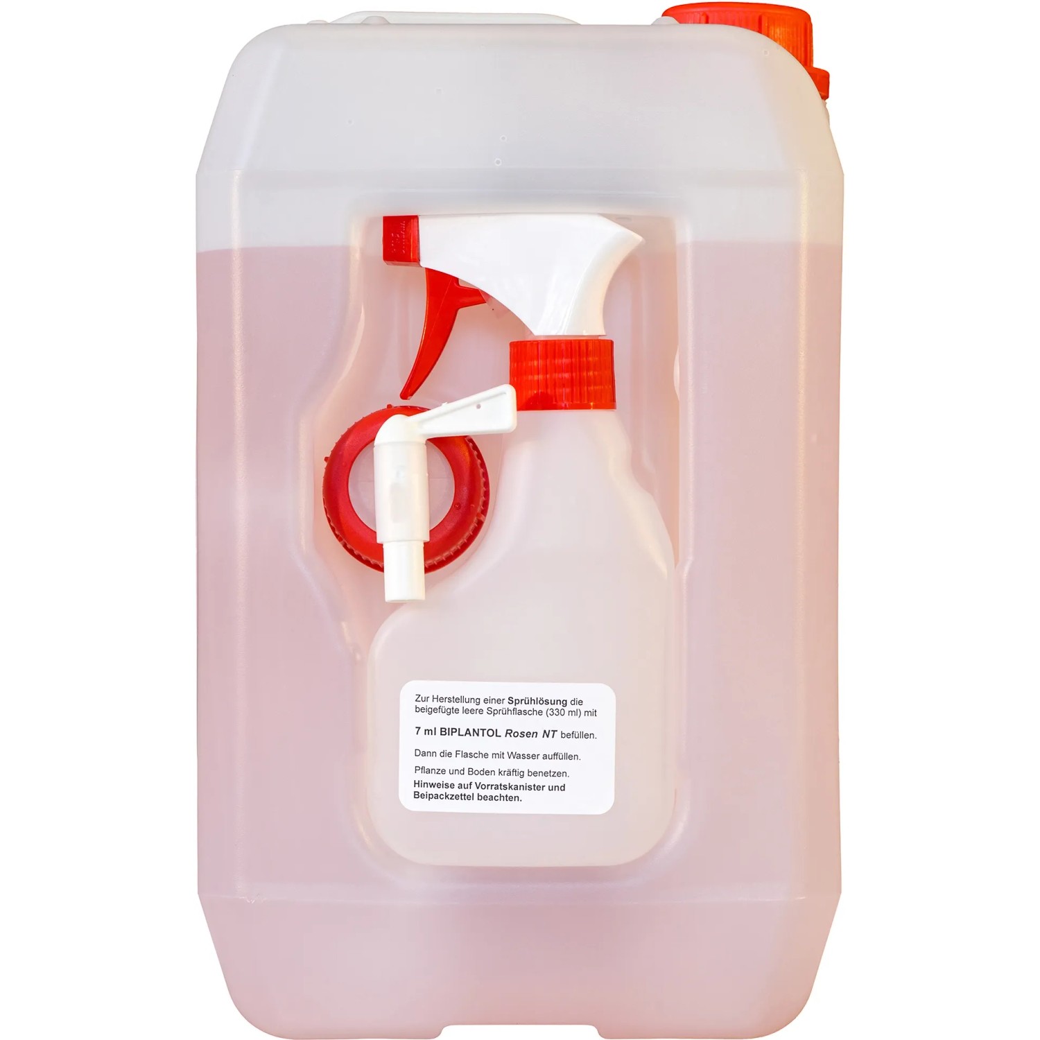 Biplantol Rosen NT 5l: Pflanzenstärkungsmittel im Kanister mit Dosierer und Sprühflasche.