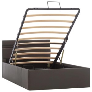 Graues Kunstleder Bett 90x200 mit Bettkasten und LED Beleuchtung geöffnet.