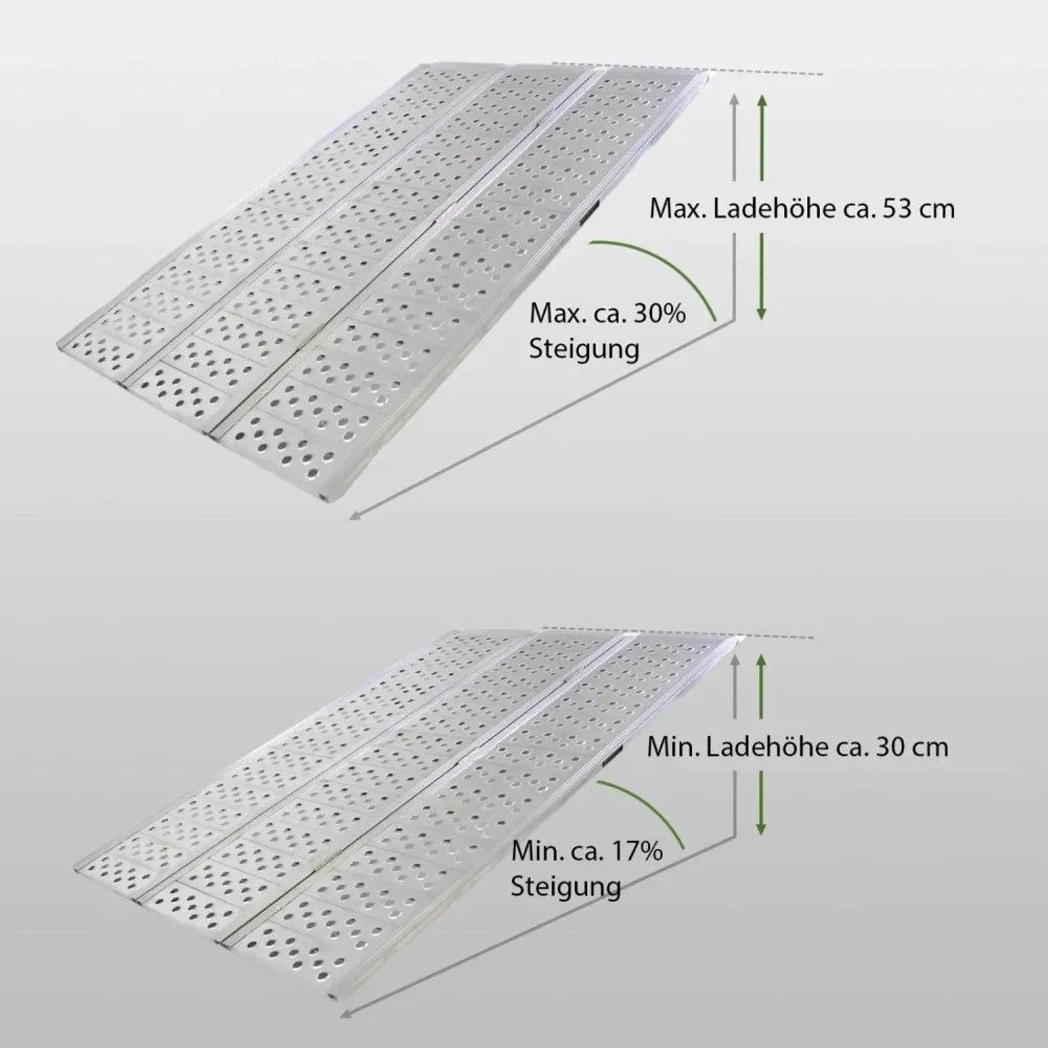 DREIBREIT Auffahrrampe, 3-fach klappbar, Alu, max. 1020kg, mit Angaben zu max./min. Ladehöhe und Steigung.