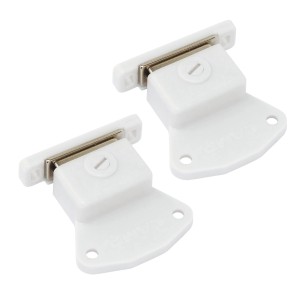 Zwei lichtgraue Sintron Magnetschnäpper mit Gegenplatte für Haushaltshelfer.