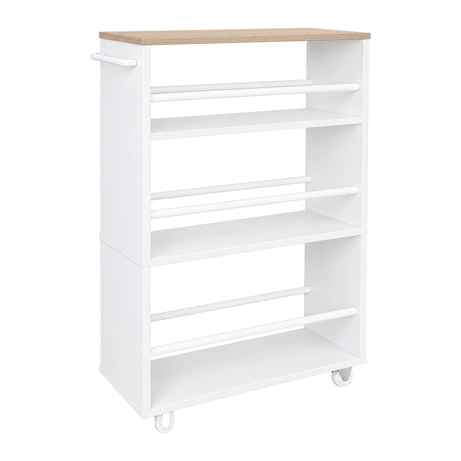Relaxdays Nischenwagen Holzwerkstoff Eisen Natur-Weiß mit 4 Ablagen mit 2 Rollen mit Griff 80 cm x 15 cm x 45 cm 3,5 kg