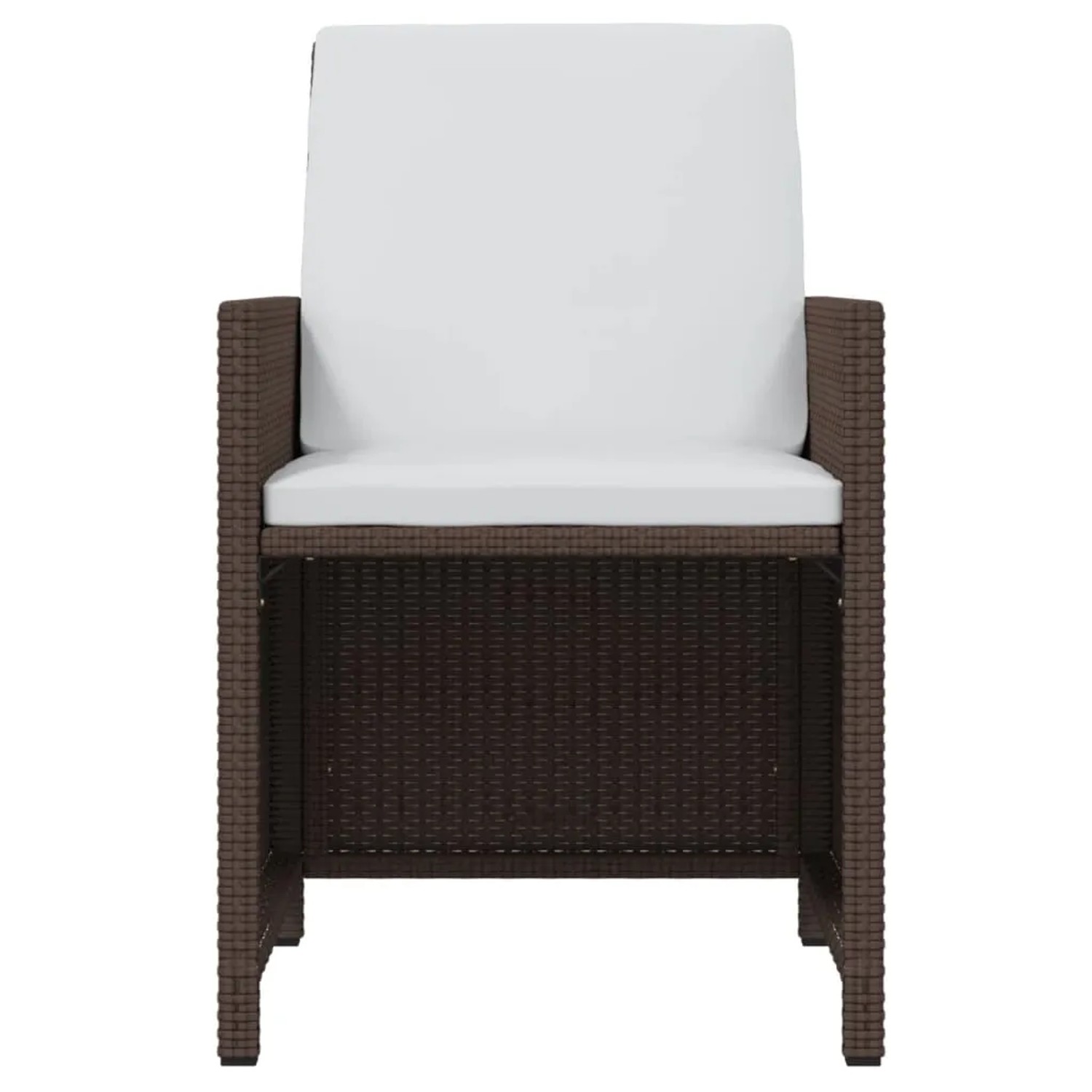 Brauner vidaXL Gartenstuhl aus Rattan mit weißen Kissen, Teil der 19-tlg. Essgruppe.