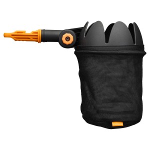 Fiskars Obstpflücker OneClick mit Netzbeutel in Orange und Schwarz.