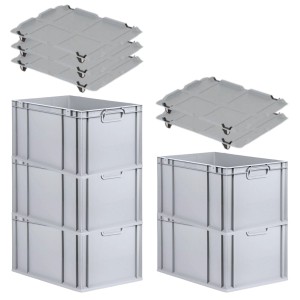 PROREGAL SparSet: 5 graue Euroboxen NextGen Grip mit Deckel, 65 Liter, für Lagerung und Transport.