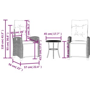 vidaXL Bistro-Set, 3-teilig, braun, Polyrattan, mit Kissen. Gartenmöbel für Balkon und Terrasse.