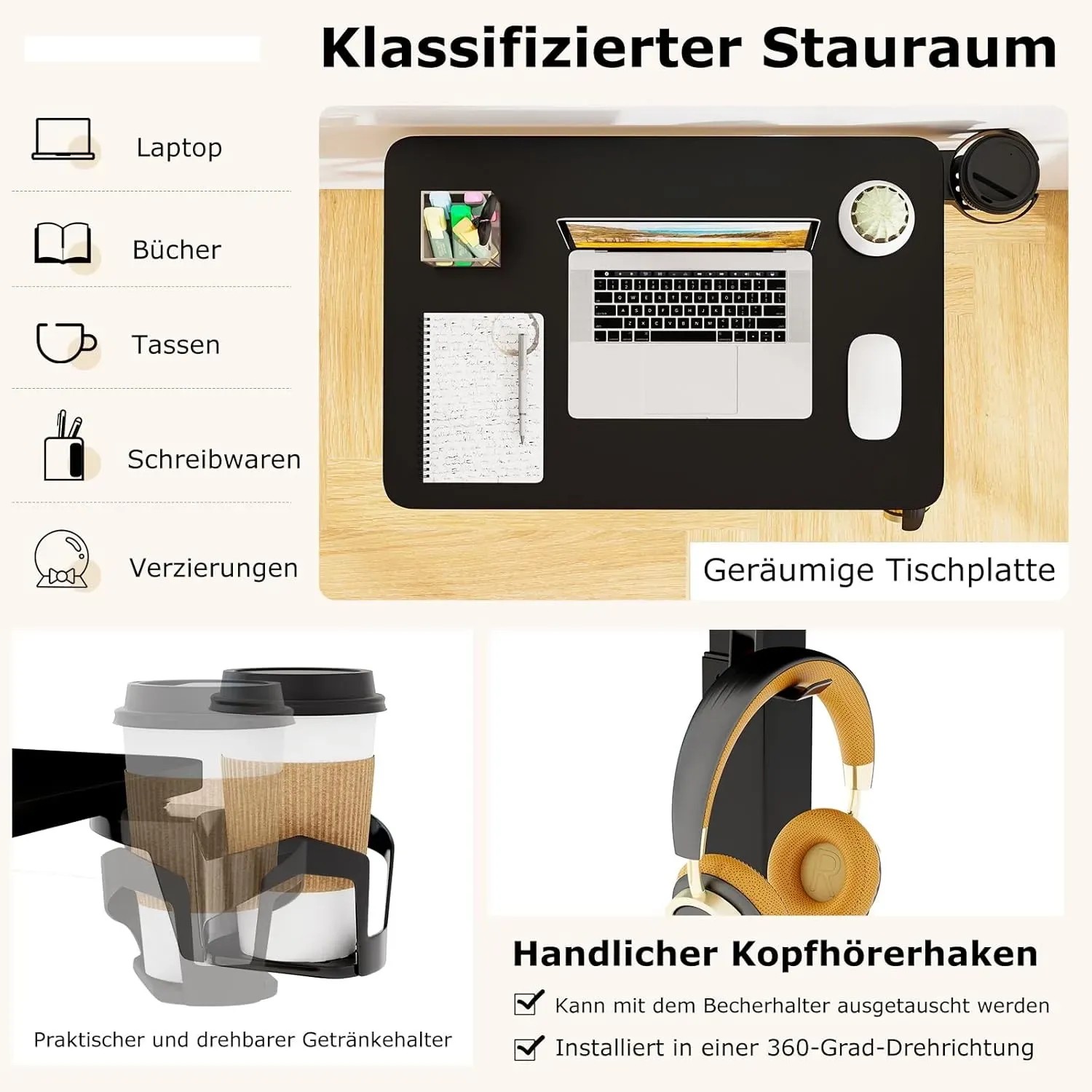 Schwarzer, rollbarer Pflegetisch mit Laptop, Getränkehalter und Kopfhörerhaken. Ideal als Betttisch.