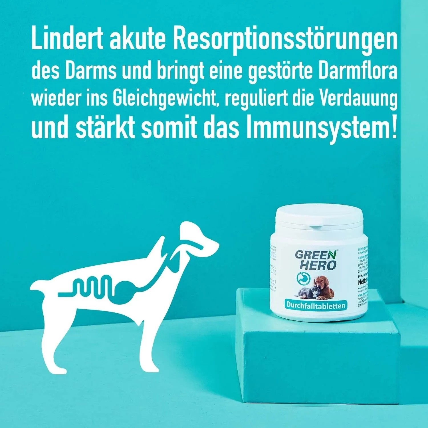 GreenHero Durchfalltabletten für Hunde & Katzen, 60 Stk. zur Unterstützung der Verdauung.